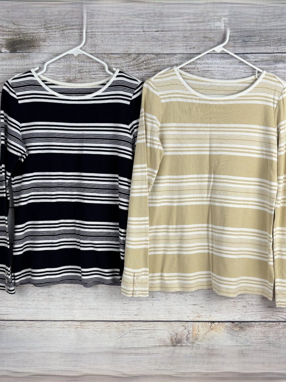 2 Lands' End Long Sleeve Tops Tan Blue White Striped Women's S
